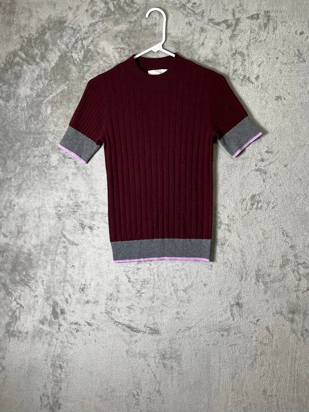 TOME Plum Ribbed Merino Wool Blend Short Sleeve Sweater Contrast Trim Size Small